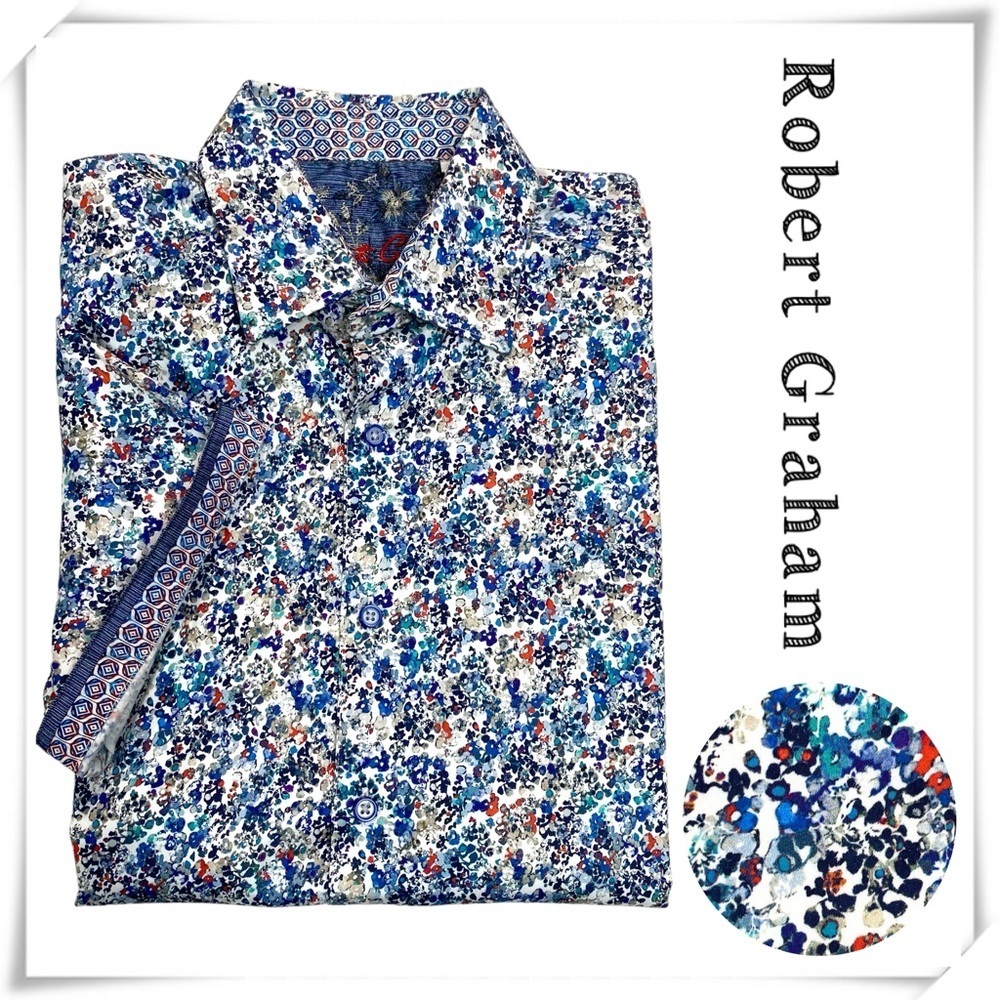 Robert Graham Classic Fit Water-color Print Short Sleeve Shirt Blue Size S